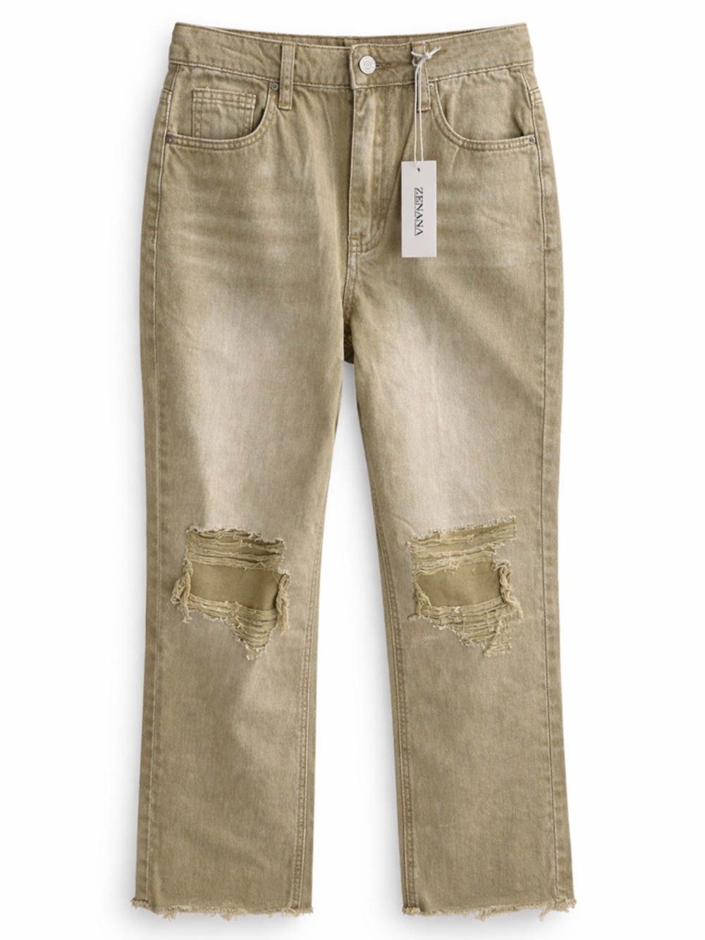 Zenana Wide Leg Crop Jeans Olive High Rise Distressed Raw Hem Size 26 NWT